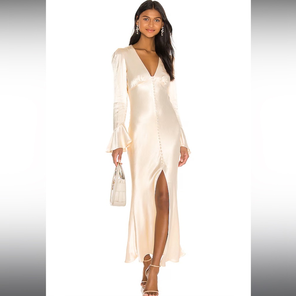 Shona Joy La Lune Frill Cuff Bias Midi Dress in Cream Size 10- NWOT